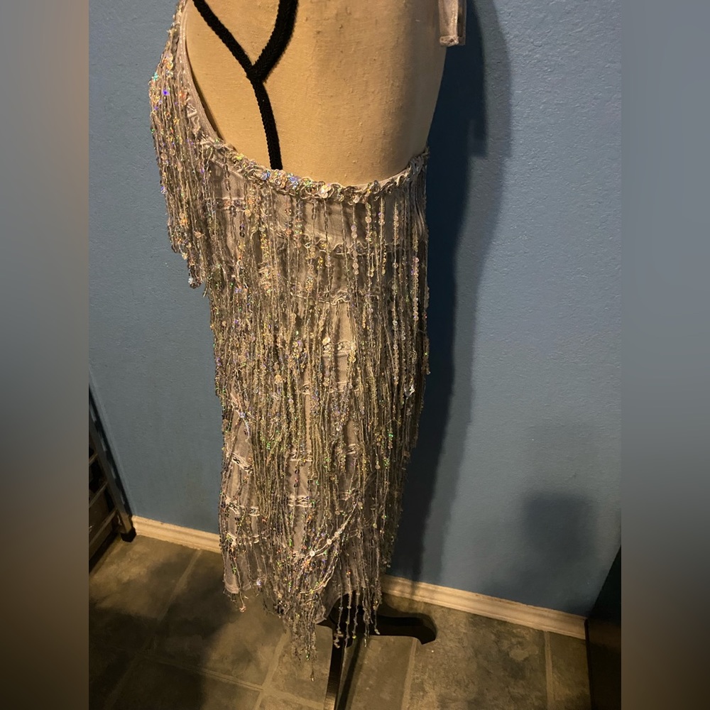 Silver Sequin Fringe Halter Dress - Disco Costume View 5